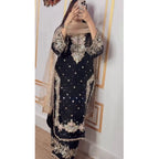 Women's Silk Embroidered 3/4th Sleeve Round Readymade Kurti With Palazzo Pant and Dupatta Set (Black)