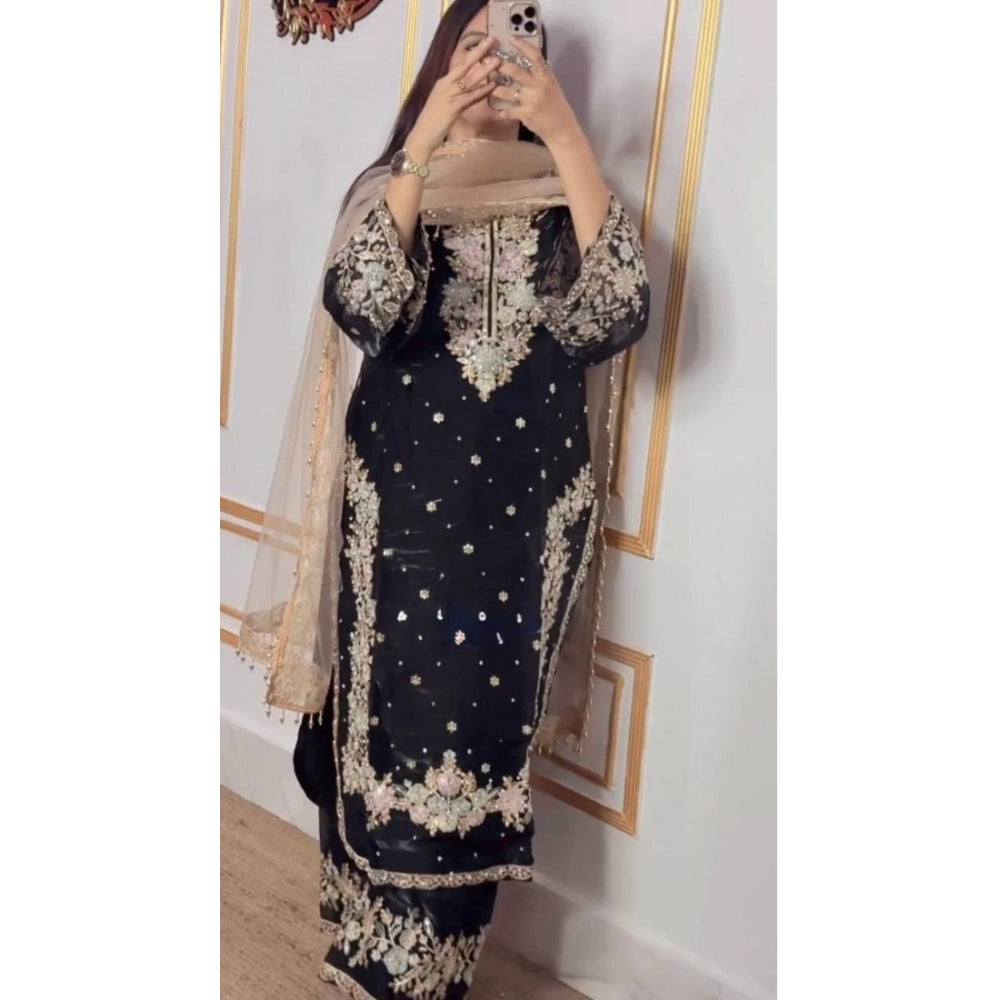 Women's Silk Embroidered 3/4th Sleeve Round Readymade Kurti With Palazzo Pant and Dupatta Set (Black)