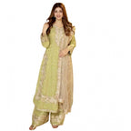 Women's Silk Embroidered 3/4th Sleeve Round Readymade Kurti With Palazzo Pant and Dupatta Set (Pista)