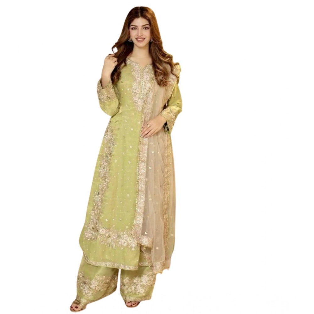 Women's Silk Embroidered 3/4th Sleeve Round Readymade Kurti With Palazzo Pant and Dupatta Set (Pista)