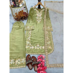 Women's Silk Embroidered 3/4th Sleeve Round Readymade Kurti With Palazzo Pant and Dupatta Set (Pista)