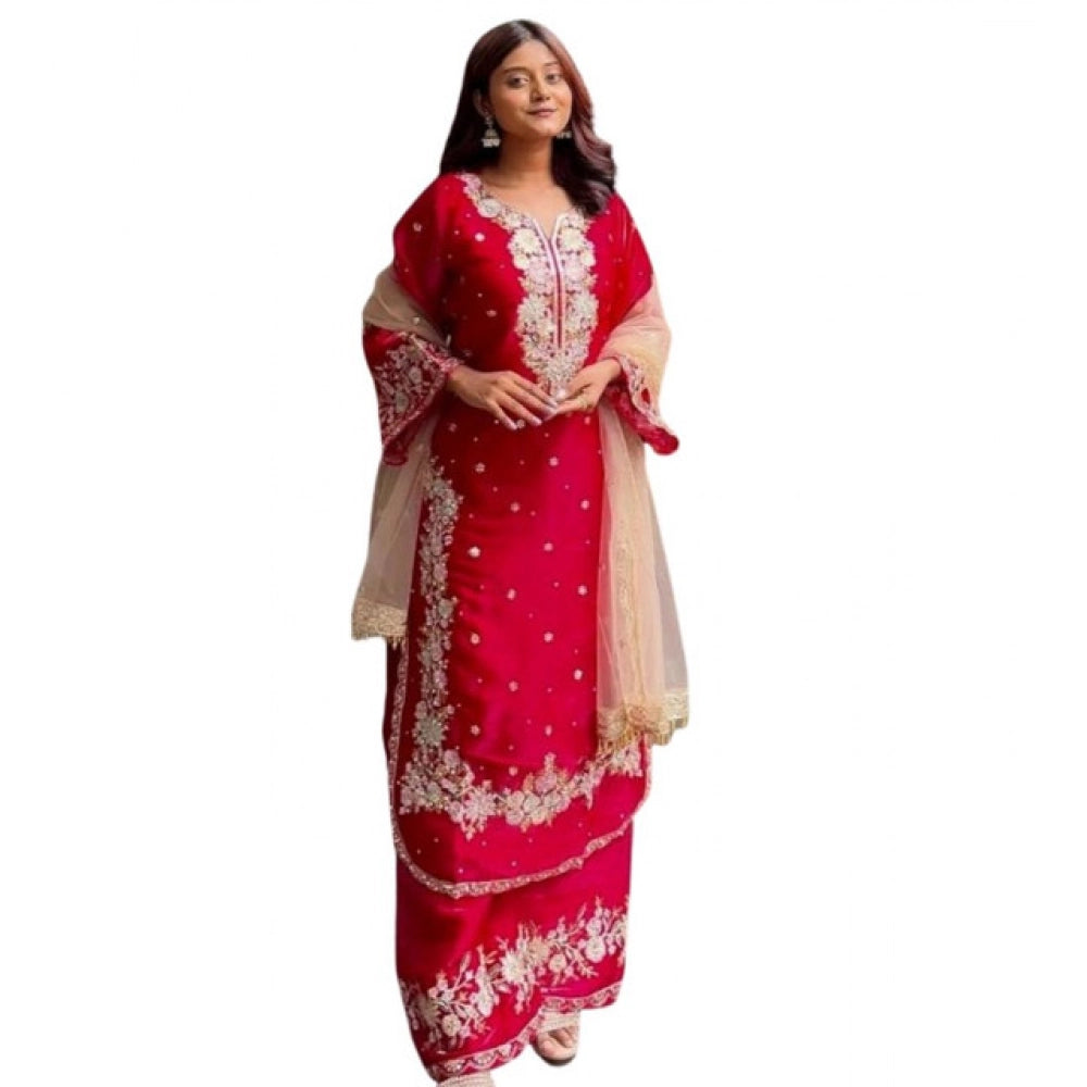 Women's Silk Embroidered 3/4th Sleeve Round Readymade Kurti With Palazzo Pant and Dupatta Set (Red)