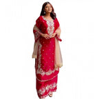 Women's Silk Embroidered 3/4th Sleeve Round Readymade Kurti With Palazzo Pant and Dupatta Set (Red)
