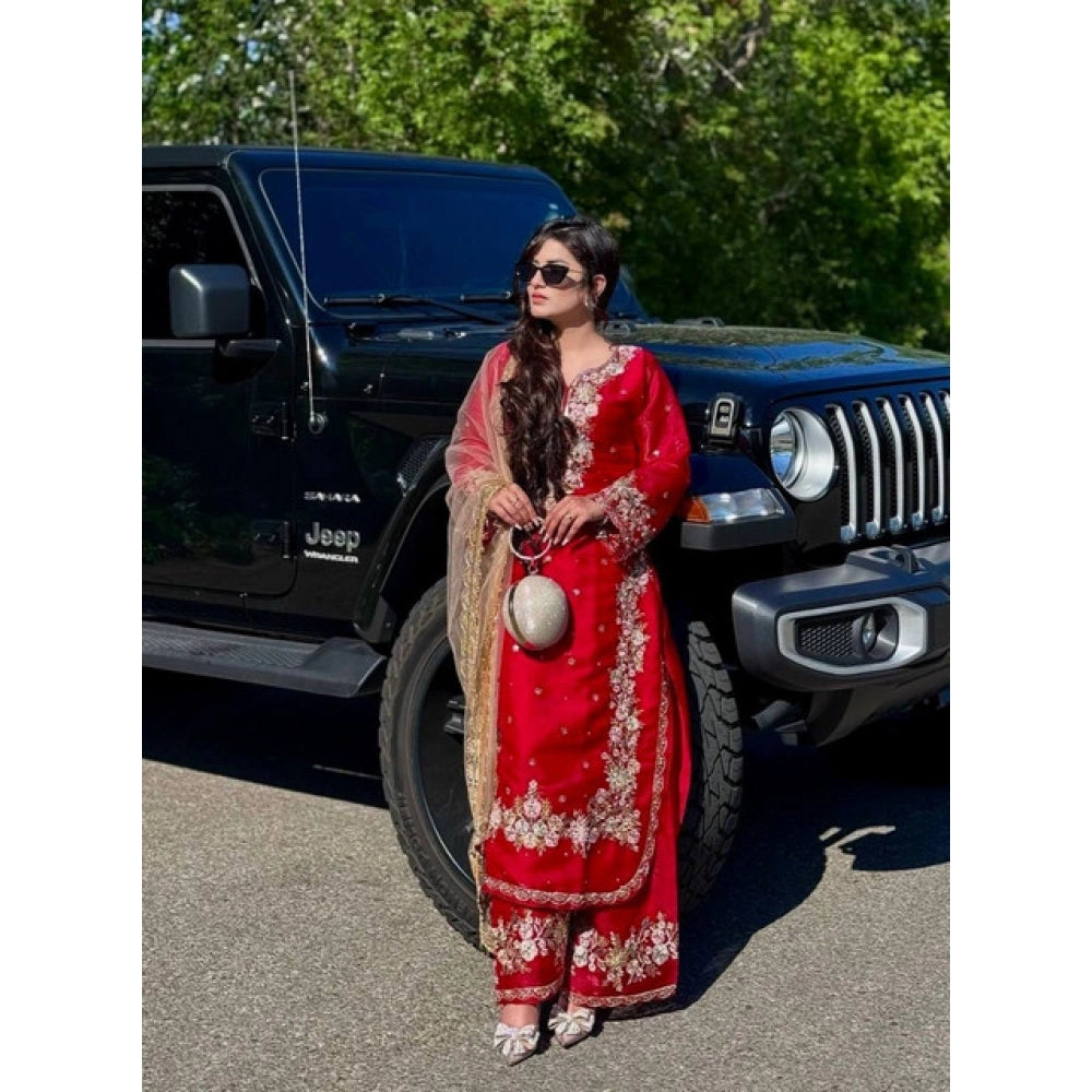 Women's Silk Embroidered 3/4th Sleeve Round Readymade Kurti With Palazzo Pant and Dupatta Set (Red)