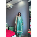 Women's Silk Embroidered 3/4th Sleeve Round Readymade Kurti With Palazzo Pant and Dupatta Set (Sea Green)