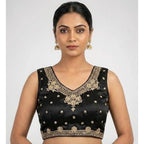 Women's Silk Embroidered V-Neck Sleeveless Readymade Padded Blouse (Black, Size 38)