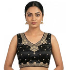 Women's Silk Embroidered V-Neck Sleeveless Readymade Padded Blouse (Black, Size 38)