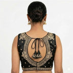 Women's Silk Embroidered V-Neck Sleeveless Readymade Padded Blouse (Black, Size 38)