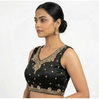 Women's Silk Embroidered V-Neck Sleeveless Readymade Padded Blouse (Black, Size 38)