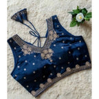 Women's Silk Embroidered V-Neck Sleeveless Readymade Padded Blouse (Blue, Size 38)