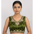 Women's Silk Embroidered V-Neck Sleeveless Readymade Padded Blouse (Mahendi, Size 38)