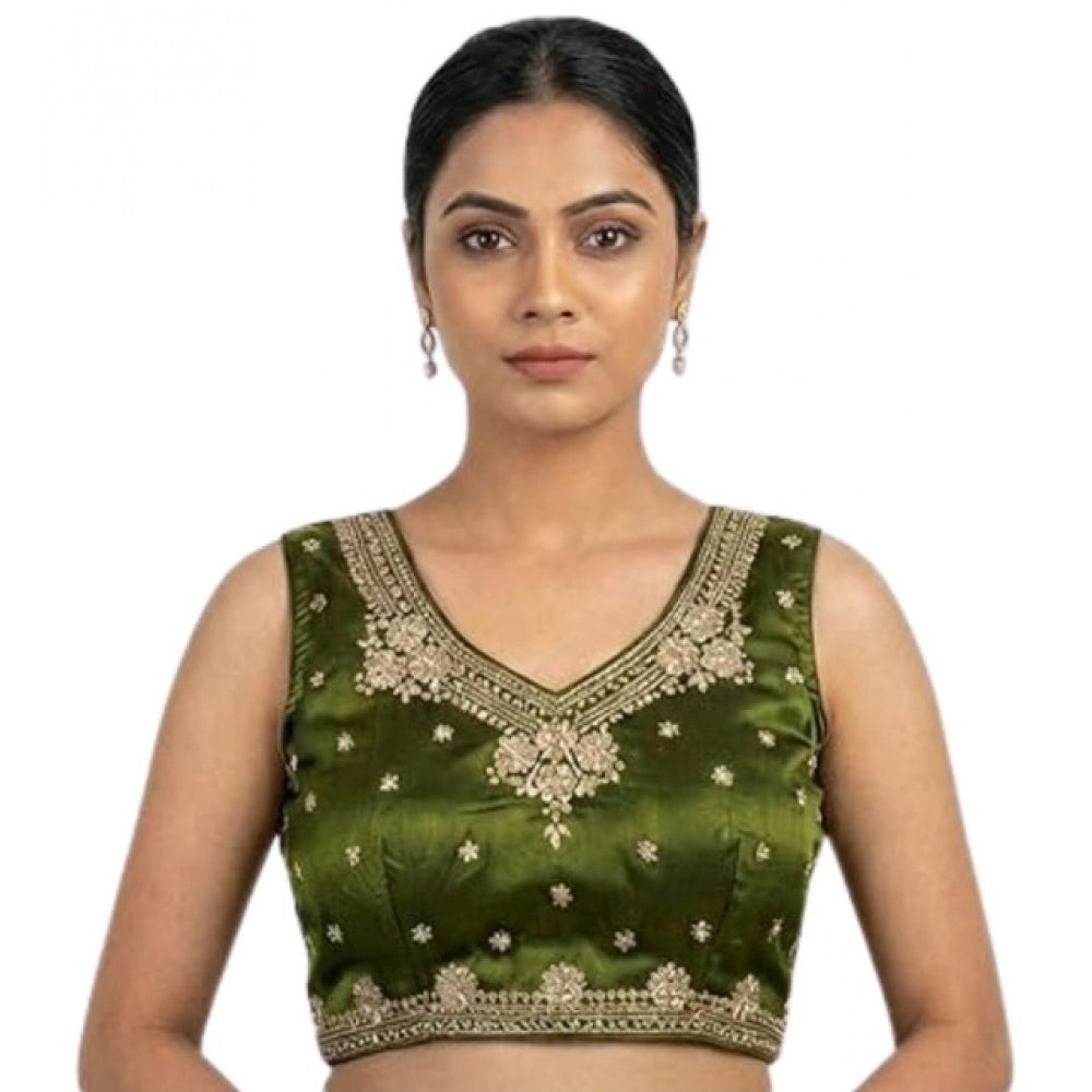 Women's Silk Embroidered V-Neck Sleeveless Readymade Padded Blouse (Mahendi, Size 38)