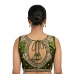 Women's Silk Embroidered V-Neck Sleeveless Readymade Padded Blouse (Mahendi, Size 38)