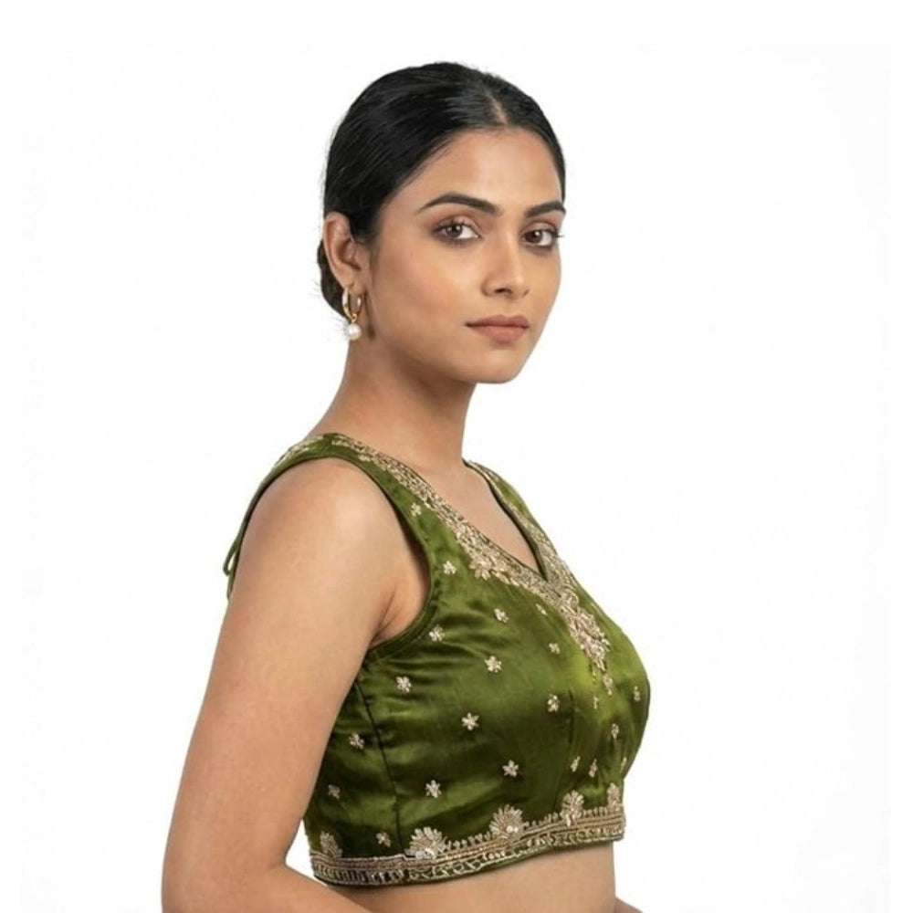 Women's Silk Embroidered V-Neck Sleeveless Readymade Padded Blouse (Mahendi, Size 38)