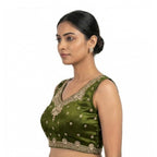 Women's Silk Embroidered V-Neck Sleeveless Readymade Padded Blouse (Mahendi, Size 38)