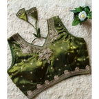 Women's Silk Embroidered V-Neck Sleeveless Readymade Padded Blouse (Mahendi, Size 38)