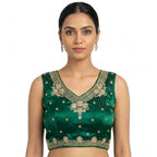 Women's Silk Embroidered V-Neck Sleeveless Readymade Padded Blouse (Green, Size 38)