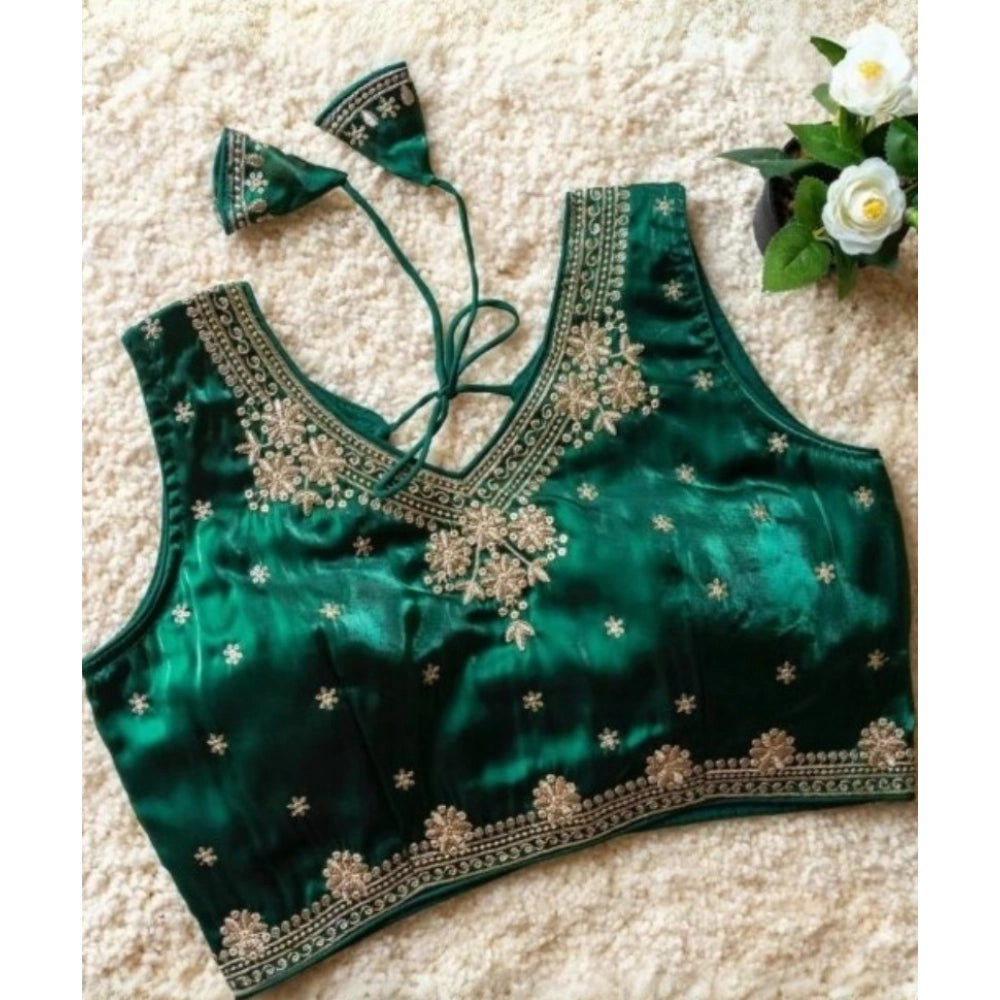 Women's Silk Embroidered V-Neck Sleeveless Readymade Padded Blouse (Green, Size 38)