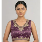 Women's Silk Embroidered V-Neck Sleeveless Readymade Padded Blouse (Purple, Size 38)