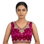 Women's Silk Embroidered V-Neck Sleeveless Readymade Padded Blouse (Pink, Size 38)