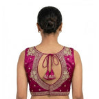 Women's Silk Embroidered V-Neck Sleeveless Readymade Padded Blouse (Pink, Size 38)