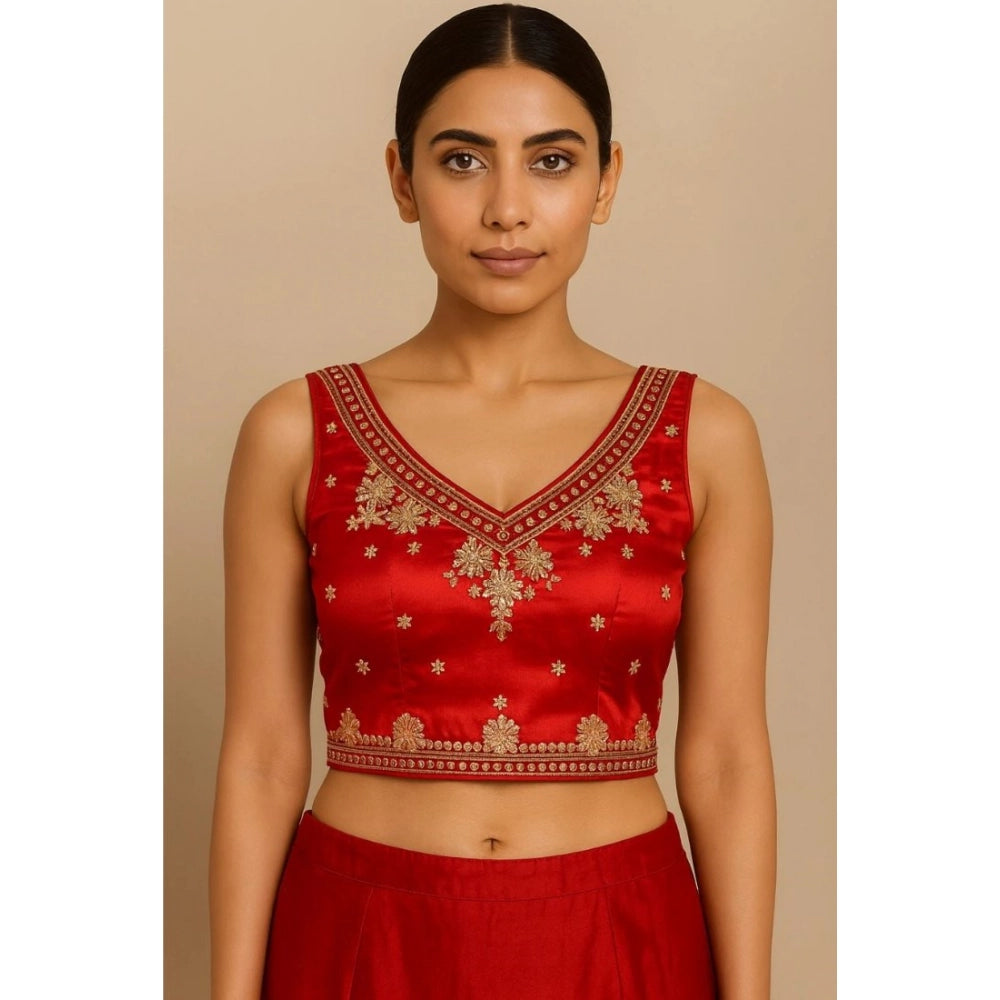 Women's Silk Embroidered V-Neck Sleeveless Readymade Padded Blouse (Red, Size 38)