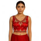 Women's Silk Embroidered V-Neck Sleeveless Readymade Padded Blouse (Red, Size 38)