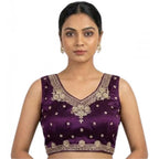 Women's Silk Embroidered V-Neck Sleeveless Readymade Padded Blouse (Wine, Size 38)