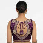 Women's Silk Embroidered V-Neck Sleeveless Readymade Padded Blouse (Wine, Size 38)