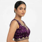 Women's Silk Embroidered V-Neck Sleeveless Readymade Padded Blouse (Wine, Size 38)