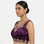 Women's Silk Embroidered V-Neck Sleeveless Readymade Padded Blouse (Wine, Size 38)
