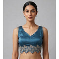 Women's Silk Embroidered Sweetheart Neck Sleeveless Readymade Padded Blouse (Blue, Size 38)