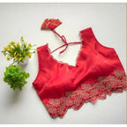 Women's Silk Embroidered Sweetheart Neck Sleeveless Readymade Padded Blouse (Red, Size 38)