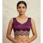 Women's Silk Embroidered Sweetheart Neck Sleeveless Readymade Padded Blouse (Wine, Size 38)