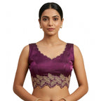 Women's Silk Embroidered Sweetheart Neck Sleeveless Readymade Padded Blouse (Wine, Size 38)