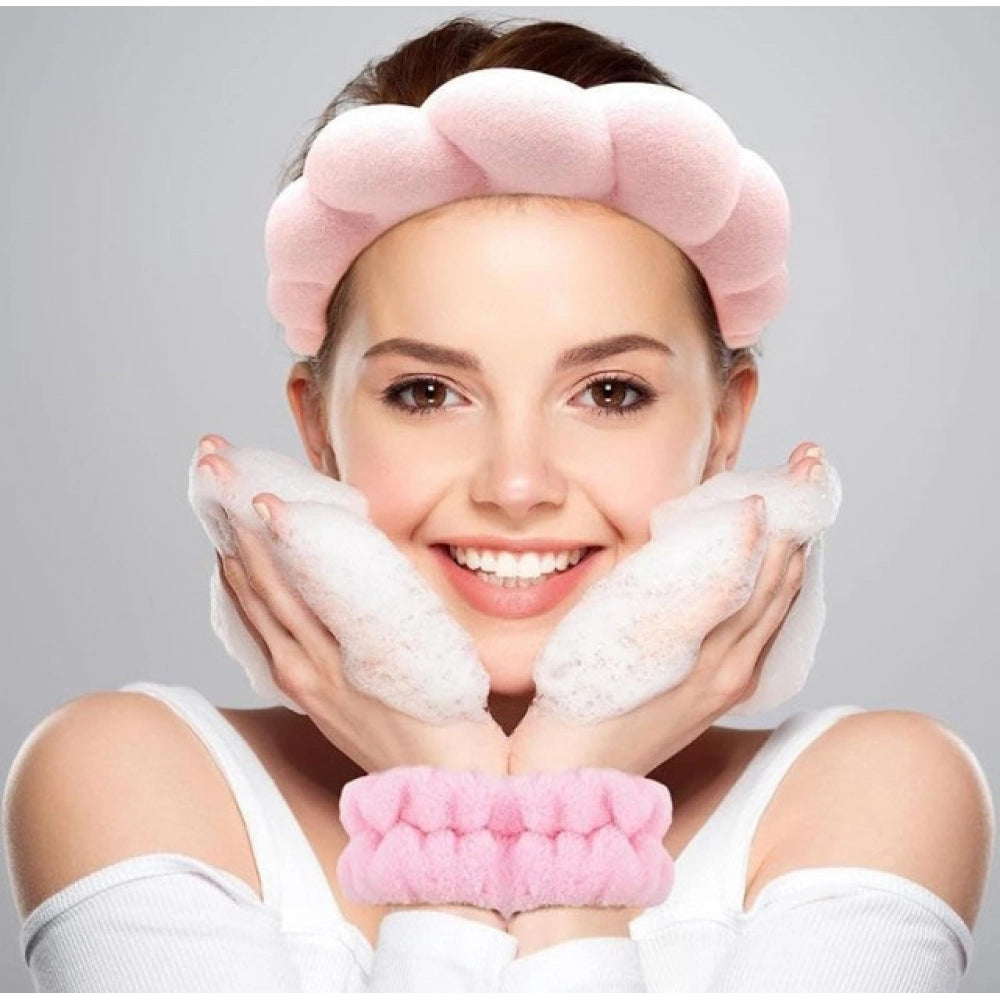 Pack of 2 Spa Headband And Wristband Set (Pink)