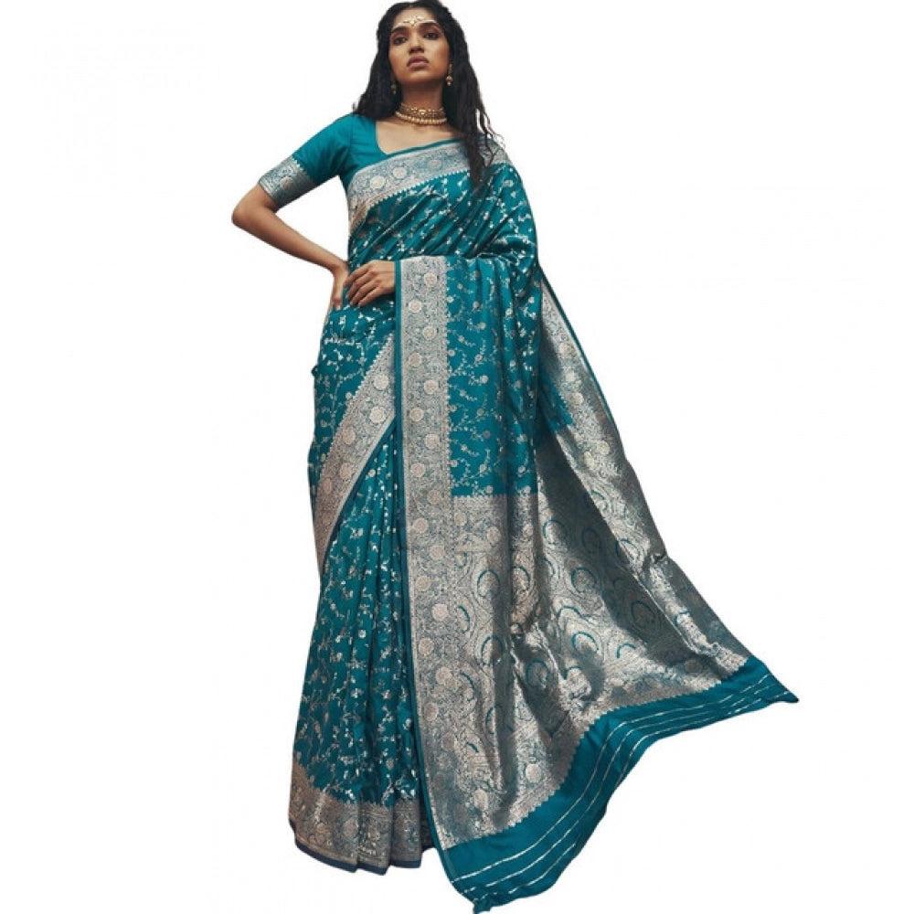 Women's Art Silk Printed Saree With Unstitched Blouse 5.5Mtr (Teal)