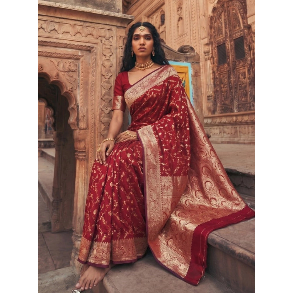 Women's Art Silk Printed Saree With Unstitched Blouse 5.5Mtr (Red)