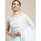 Women's Linen Cotton Striped Saree With Unstitched Blouse 5.5Mtr (Sky Blue)