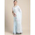 Women's Linen Cotton Striped Saree With Unstitched Blouse 5.5Mtr (Sky Blue)