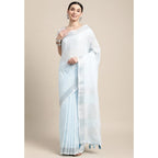Women's Linen Cotton Striped Saree With Unstitched Blouse 5.5Mtr (Sky Blue)