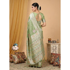Women's Linen Cotton Printed Saree With Unstitched Blouse 5.5Mtr (Light Green)