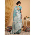Women's Linen Cotton Printed Saree With Unstitched Blouse 5.5Mtr (Sea Green)