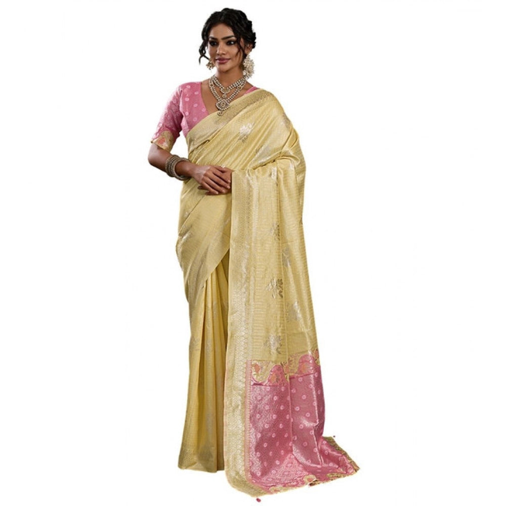 Women's Linen Cotton Printed Saree With Unstitched Blouse 5.5Mtr (Yellow )