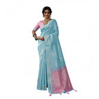 Women's Linen Cotton Printed Saree With Unstitched Blouse 5.5Mtr (Sky Blue)
