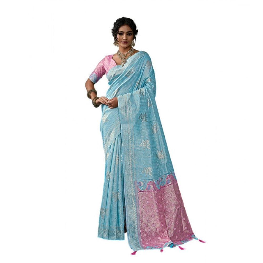 Women's Linen Cotton Printed Saree With Unstitched Blouse 5.5Mtr (Sky Blue)