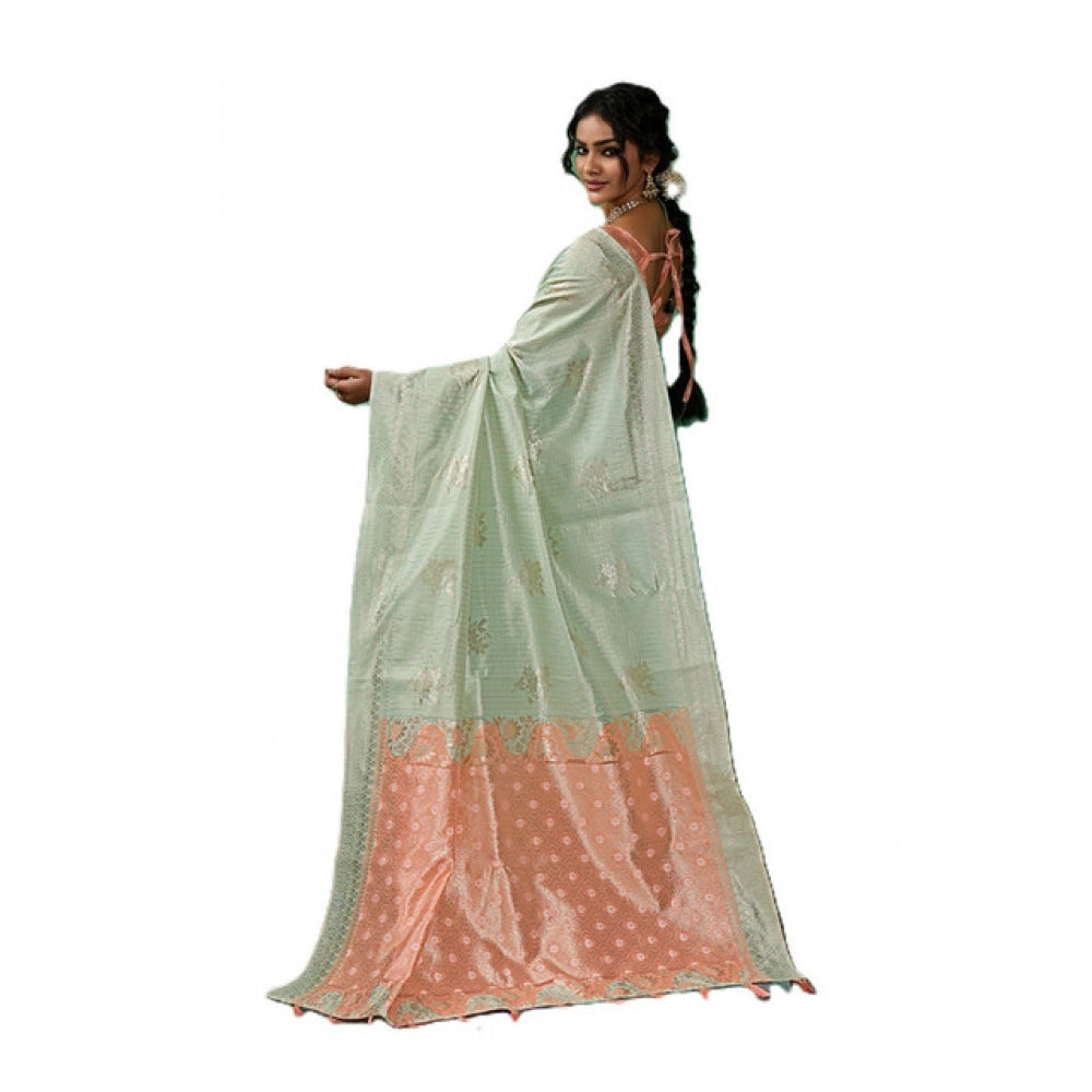 Women's Linen Cotton Printed Saree With Unstitched Blouse 5.5Mtr (Pista Green)