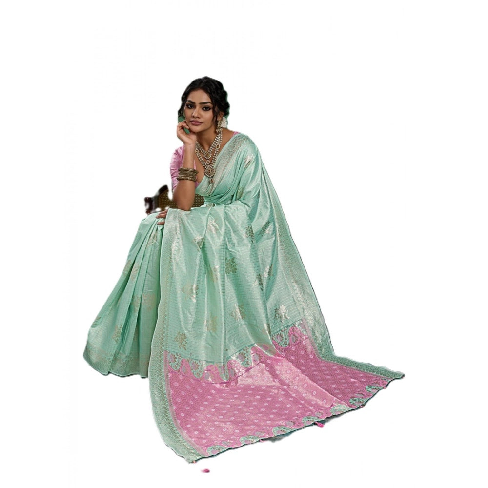 Women's Linen Cotton Printed Saree With Unstitched Blouse 5.5Mtr (Sea Green)