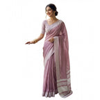Women's Linen Striped Saree With Unstitched Blouse 5.5Mtr (Magenta)