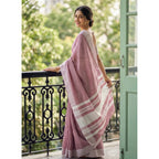 Women's Linen Striped Saree With Unstitched Blouse 5.5Mtr (Magenta)